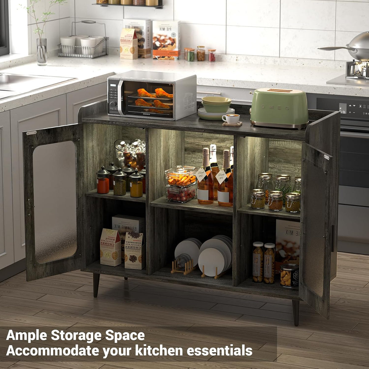 iSunirm Wine Bar Cabinet with Power Outlet & LED Light, Black Oak