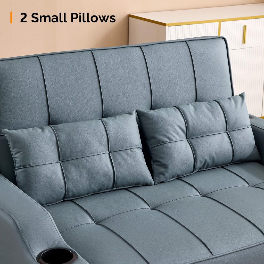 VINGLI Light Grey Futon Sofa Bed Convertible Loveseat Sleeper Couch, Faux Leather Pullout Sofa Fold Out Couch Bed with USB Ports, Cup Holders, Armrest for Living Room, Bedroom Apartment Room