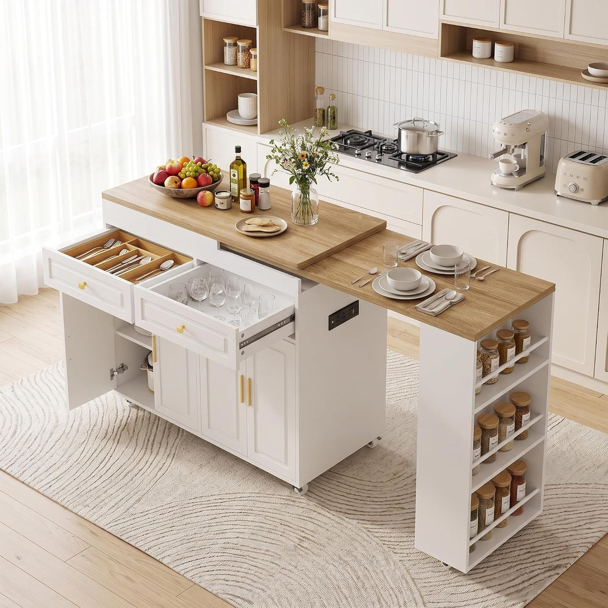 3-in-1 Extendable Kitchen Island with Extendable and Swivel Dining Table