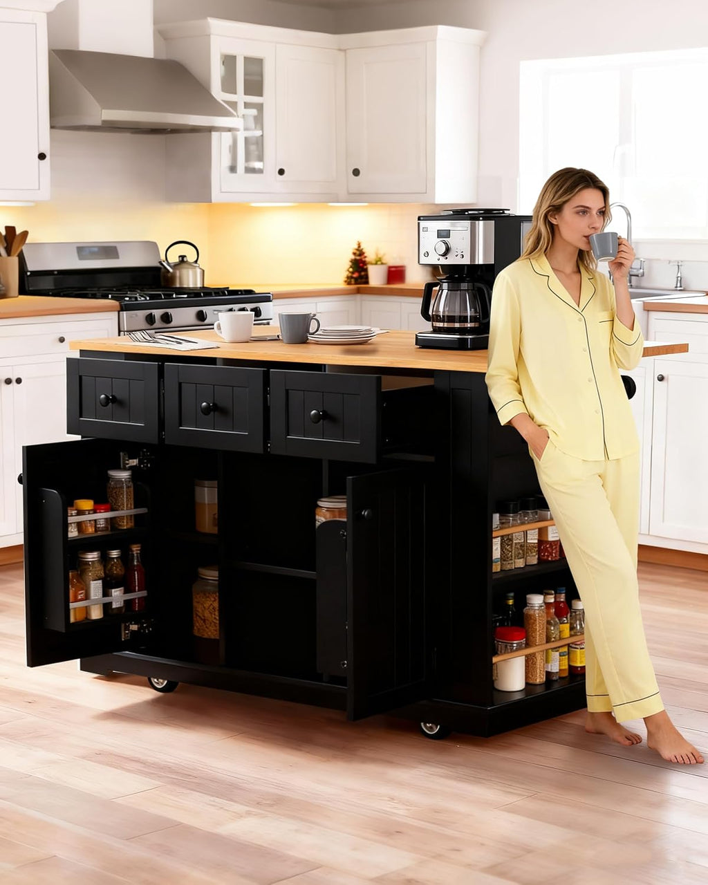 53-Inch Rolling Kitchen Island with Storage
