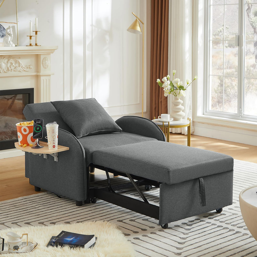 Convertible Single Sleeper Chair Bed,3 in 1 Velvet Futon Sleeper Sofa Bed with Phone Holder&USB Ports,Pull Out Couch Bed,Adjustable Recliner Armchair bed for Living Room,Office,Small Places(Grey)