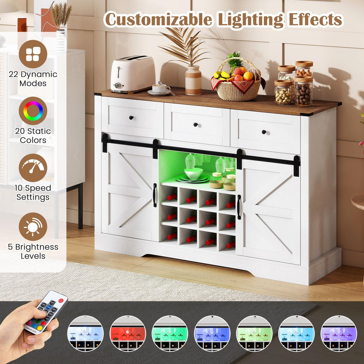 GIANTEX Wine Bar Cabinet with LED Lights, 52" Buffet Sideboard w/Sliding Barn Door, 3 Drawer, Adjustable Shelf, 12 Bottle Wine Rack & Glass Holder, Farmhouse Coffee Station for Living Room