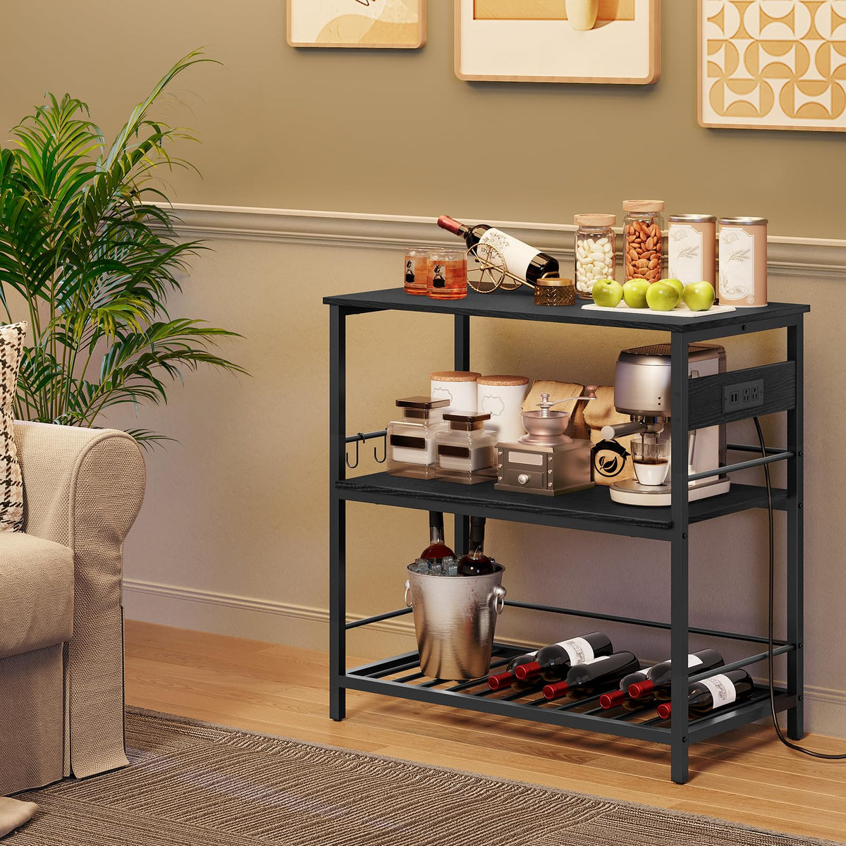 HOOBRO Kitchen Island with Storage, Kitchen Island Table with Power Outlet, 47.2" L 3 Tier Kitchen Counter and Microwave Stand, for Home, Kitchen and Dining Room, Rustic Brown and Black BF120UZD01