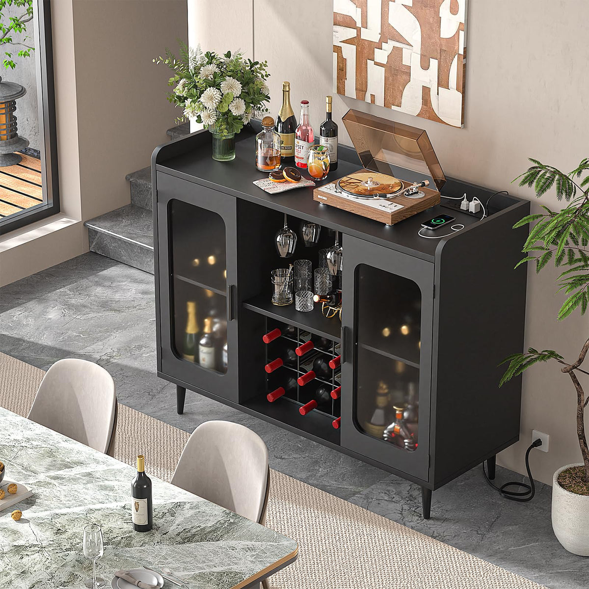 iSunirm Wine Bar Cabinet with Power Outlet & LED Light, Black Oak