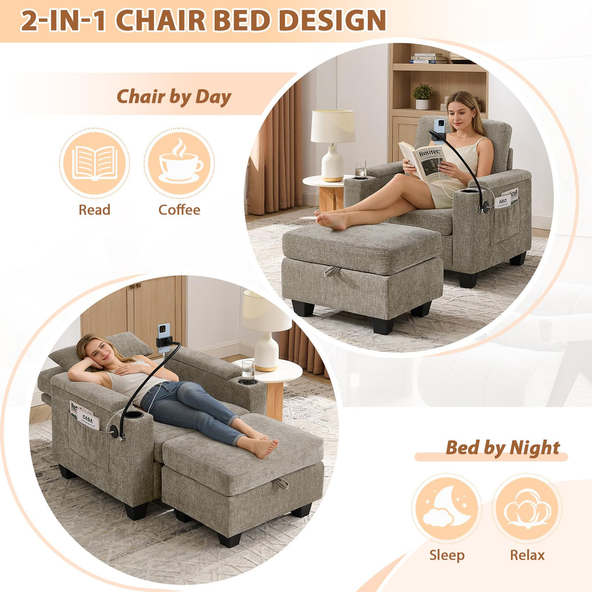 Oversized Chaise Lounge Chair Indoor, Single Convertible Recliner Reading Arm Sofa Chair W/Adjustable Backrest & Charging Port Couch Bed for Living Room, Home Theater & Bedroom, Brown