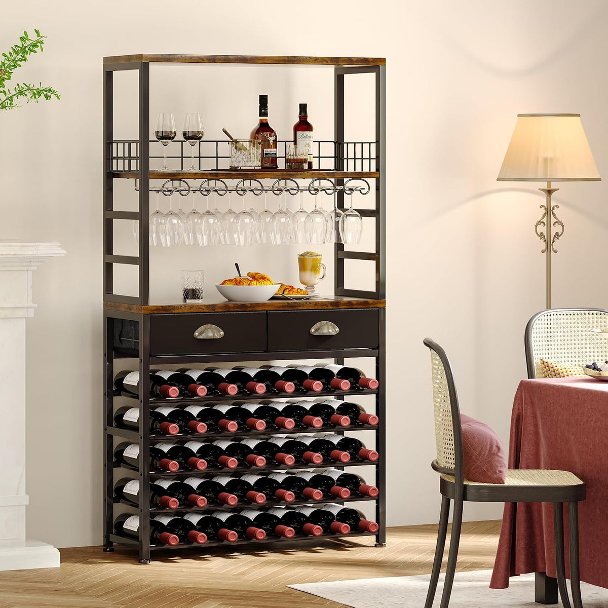Homeiju Wine Cabinet with Storage, Wine Rack Freestanding Floor, 6-Tier with Tabletop, Drawer and Wine Storage for Home Bars