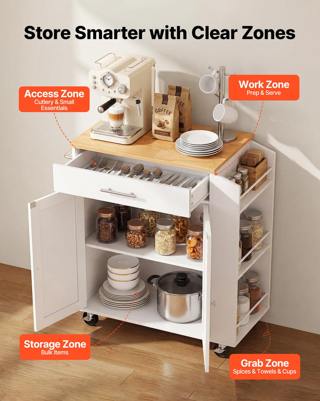 VEVOR Kitchen Island Cart with Storage, 47.64 in Wide Mobile Rolling Storage Island on Swivel Wheels, with 2 Drawers, Storage Cabinet, Drop Leaf, Towel Rack, Table for Home Dining Room, White