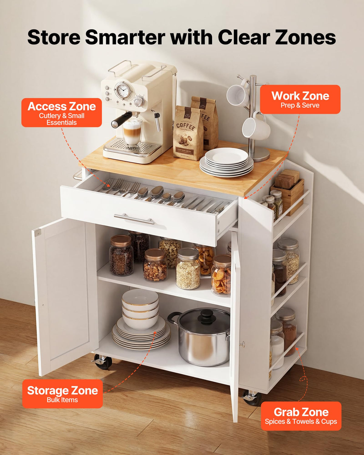 VEVOR Kitchen Island Cart with Storage, 47.64 in Wide Mobile Rolling Storage Island on Swivel Wheels, with 2 Drawers, Storage Cabinet, Drop Leaf, Towel Rack, Table for Home Dining Room, White