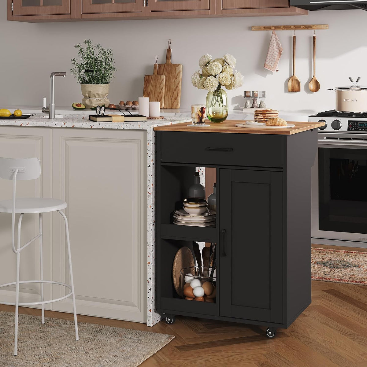 OUTLANE Kitchen Island with Drop Leaf, Rolling Storage Cart on Wheels