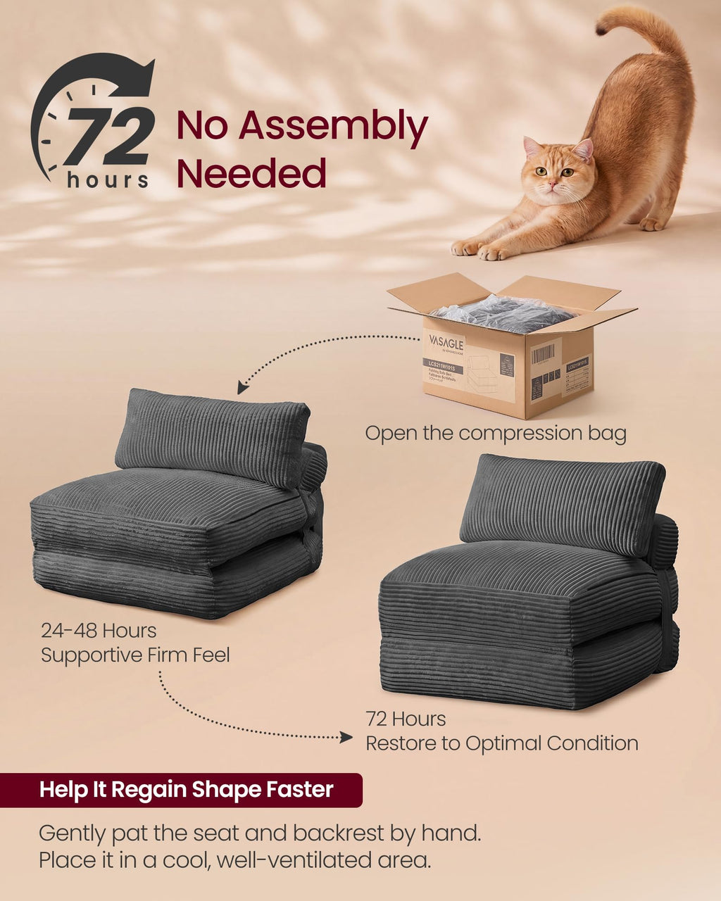VASAGLE Folding Sofa Bed, Convertible Chair Bed with Pillow, Sleeper Chair