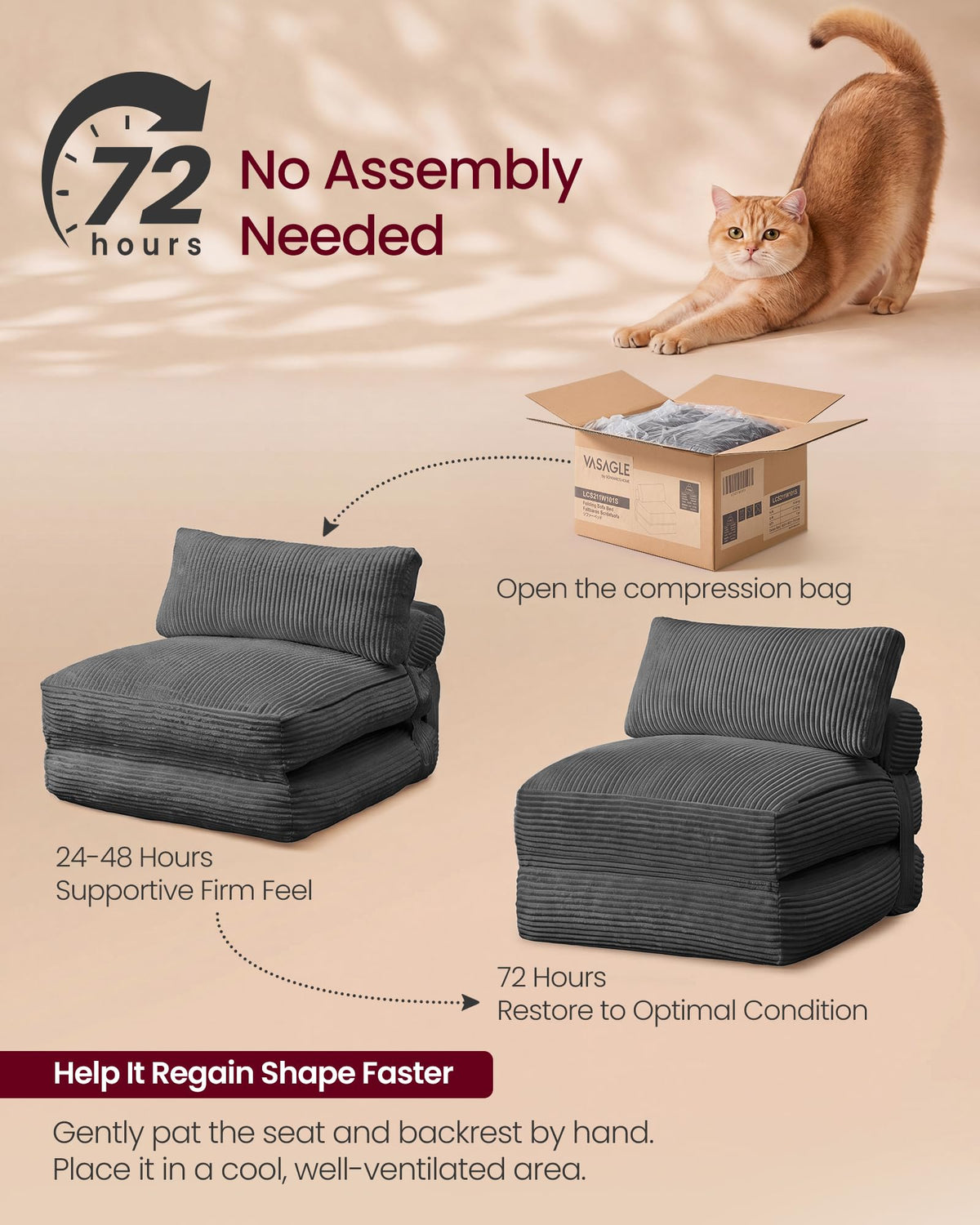 VASAGLE Folding Sofa Bed, Convertible Chair Bed with Pillow, Sleeper Chair
