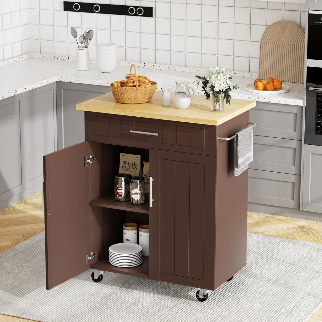 JY QAQA 26" Rolling Kitchen Island Cart on Wheels, Mobile Storage Cabinet with Adjustable Inner Shelves, Kitchen Prep Cart with Towel Rack & Lockable Casters for Small Apartment Kitchen, White