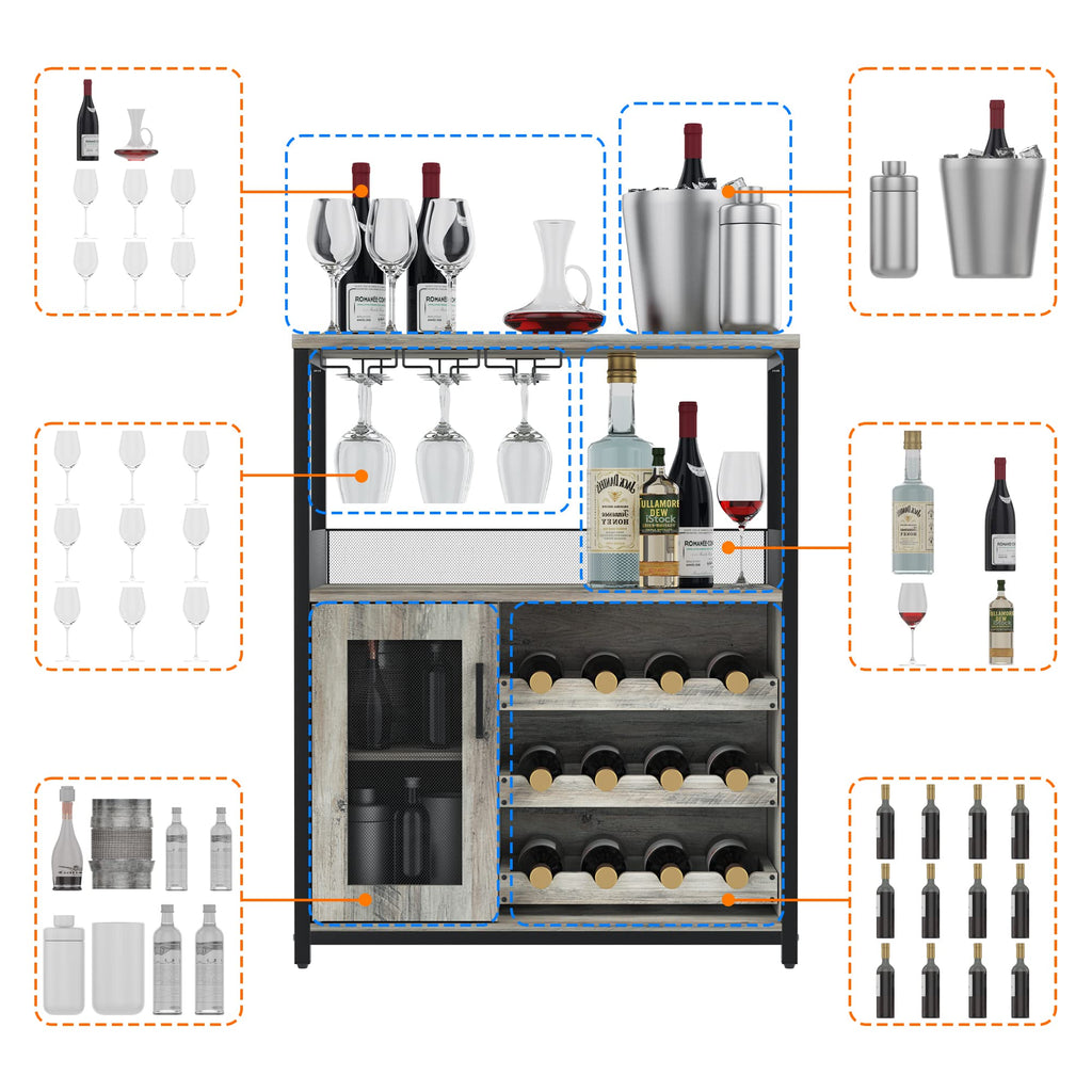 Wine Bar Cabinet, 3-Tier Detachable Wine Rack, Stemware Glass Holder, Mesh Door & Storage Shelves, Liquor Storage Buffet Sideboard for Kitchen, Dining Room, Living Room or Home Bar - Black