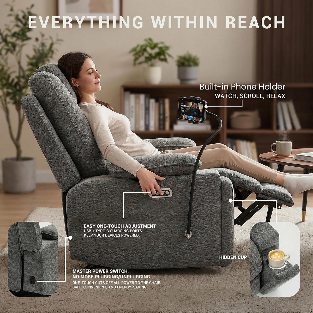 Oversized Dual Motor Recliner Power Lift Chair for Elderly Big Tall, Zero-Gravity Power Recliner Sofa, 350lbs Heavy Duty Seat with 4D Armrests, Phone Slot, Full Lay-Flat Positioning, Gray