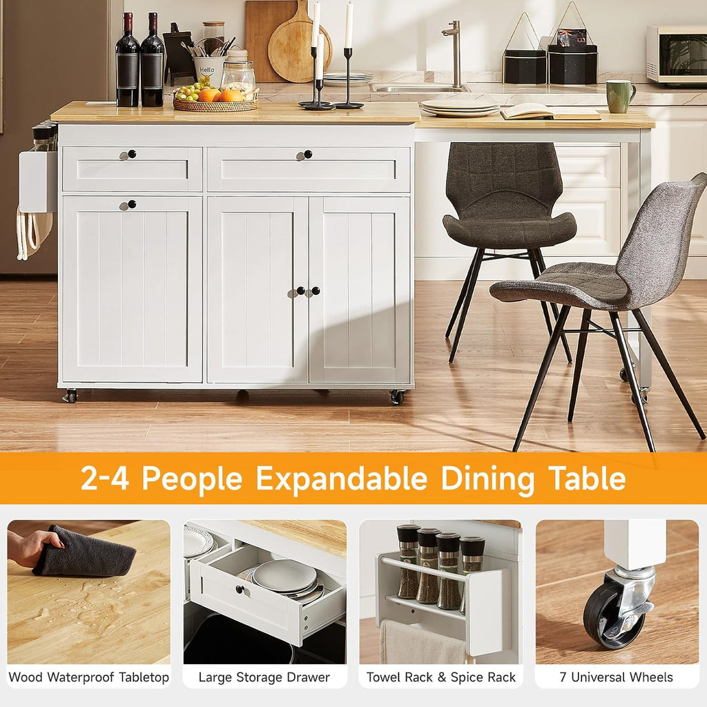 Kitchen Islands with Extendable Dining Table, Mobile Storage Islands, White