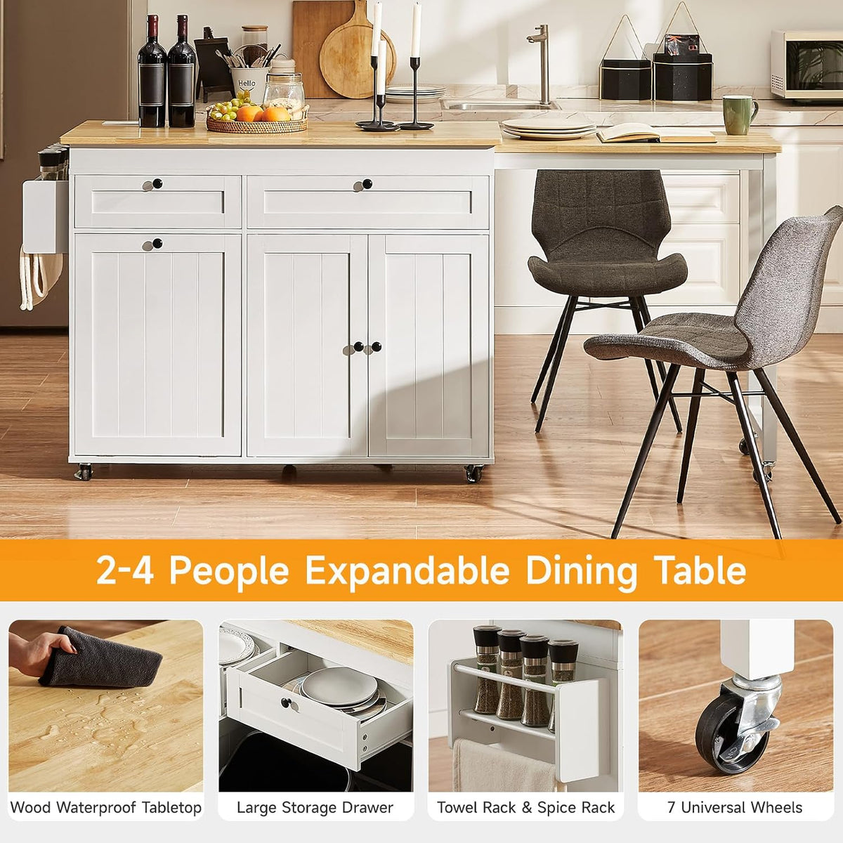 Kitchen Islands with Extendable Dining Table, Mobile Storage Islands, White
