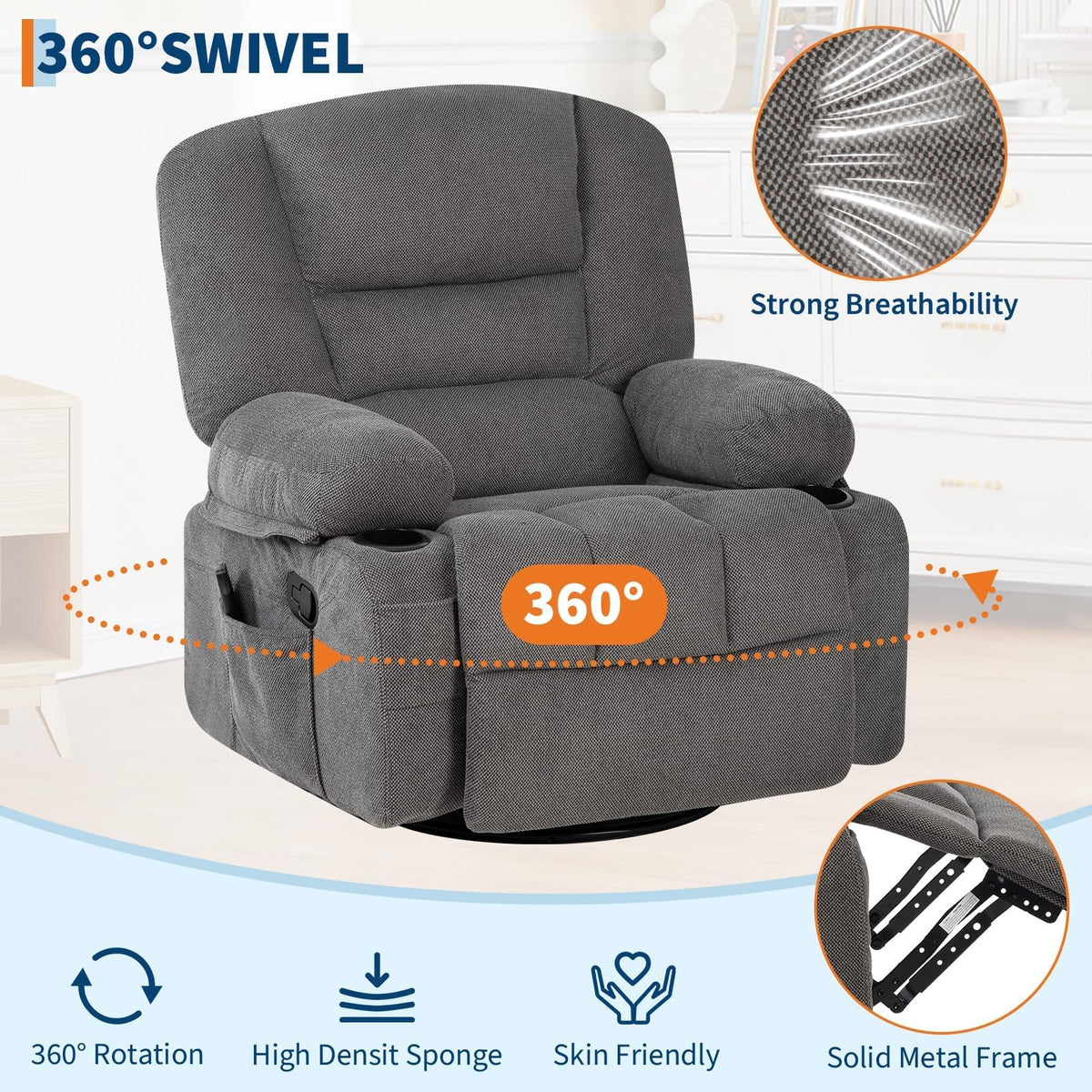 Garvee Oversized Recliner Chair,Extra Wide 360Â° Swivel Rocker Massage Heat