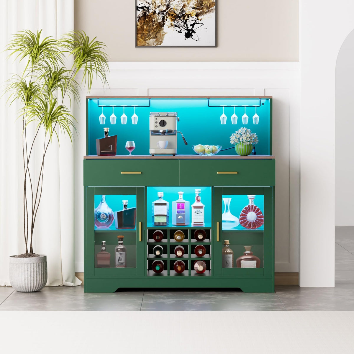 Wine Bar Cabinet with LED Lights, Liquor Cabinet for Home, Coffee Bar Cabinet with Wine Rack and Glass Holder, Black Home Bar Cabinets, Kitchen Buffet Sideboard for Living Room, Dining Room