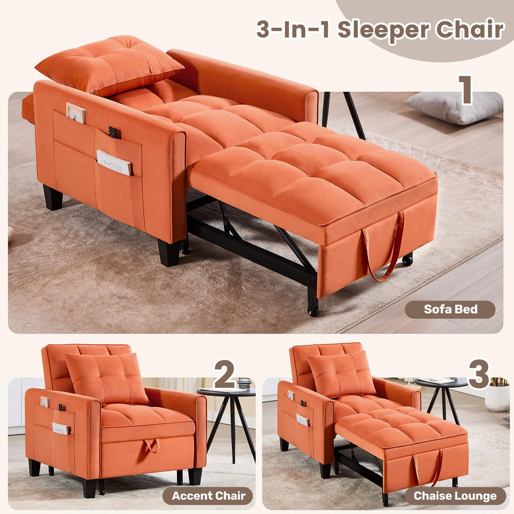 Convertible Sleeper Chair, 3 in 1 Sleeper Chair Bed Pull Out Sofa Bed Chairs, Single Sofa with Adjustable Backrest for Adults Reading Living Room, Bedroom, Black