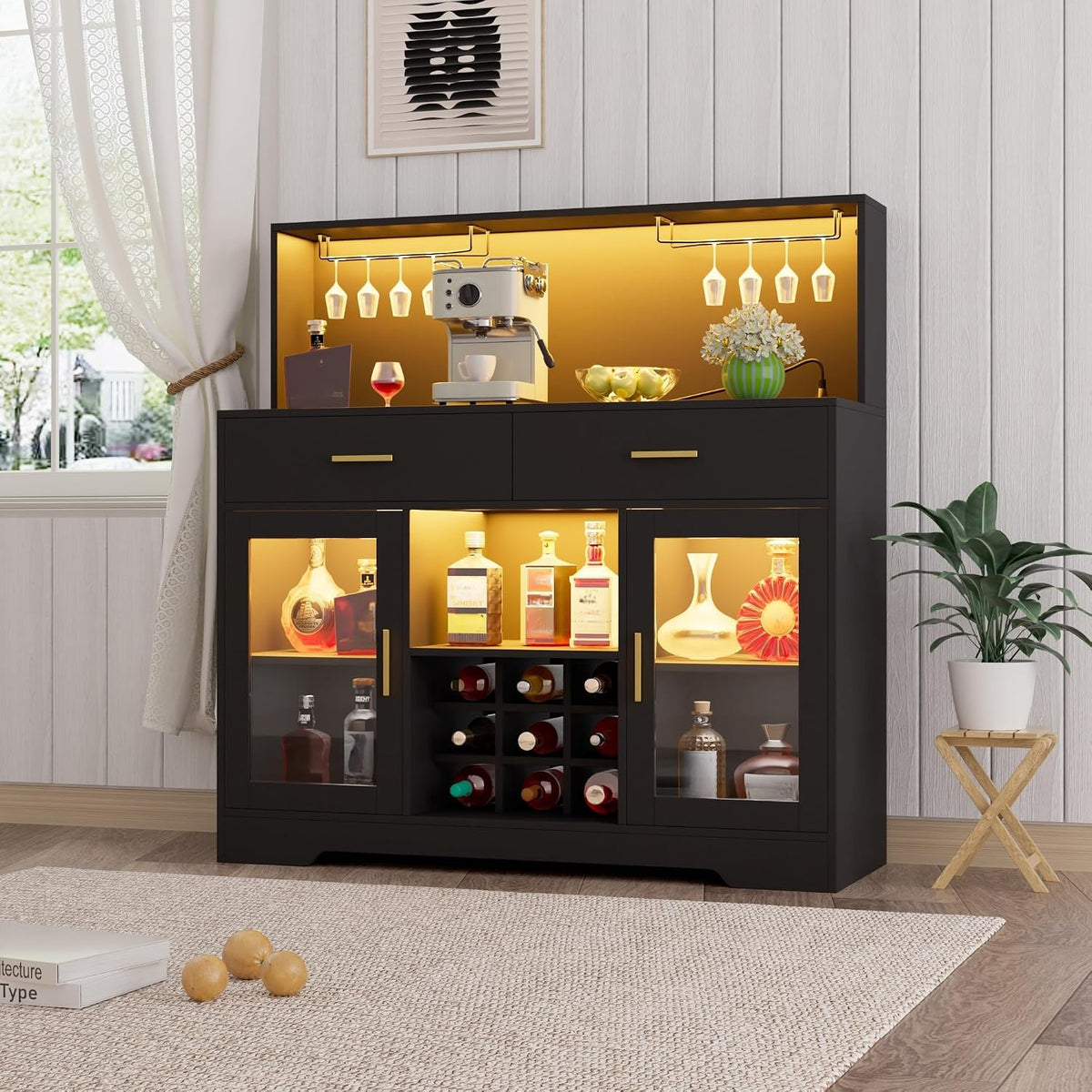Wine Bar Cabinet with LED Lights, Liquor Cabinet for Home, Coffee Bar Cabinet with Wine Rack and Glass Holder, Black Home Bar Cabinets, Kitchen Buffet Sideboard for Living Room, Dining Room