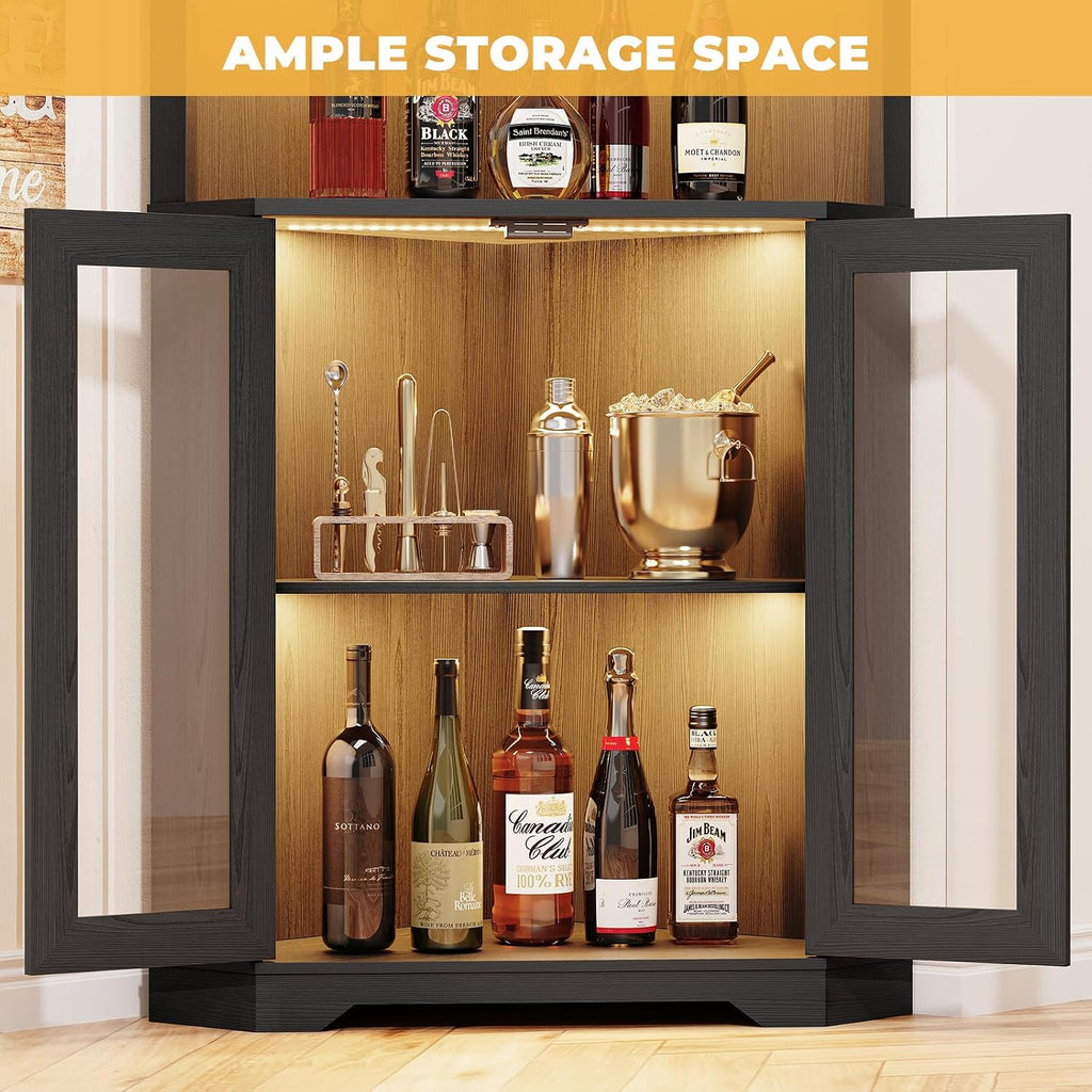 65" Tall Corner Bar Cabinet with LED Lights & Glass Holder