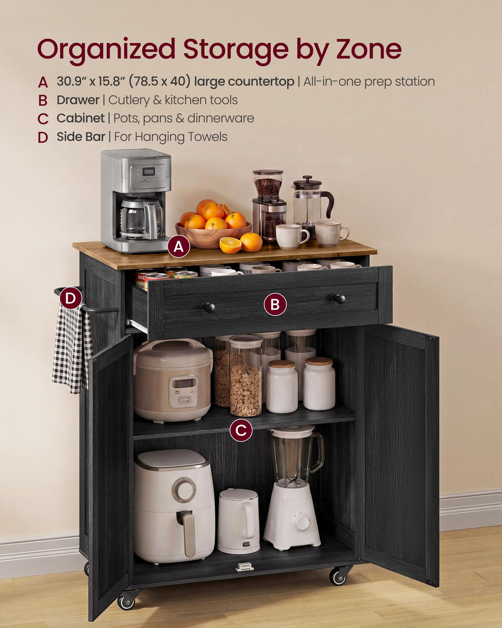VASAGLE Mobile Kitchen Wooden Island Cart with Storage for Dining Room