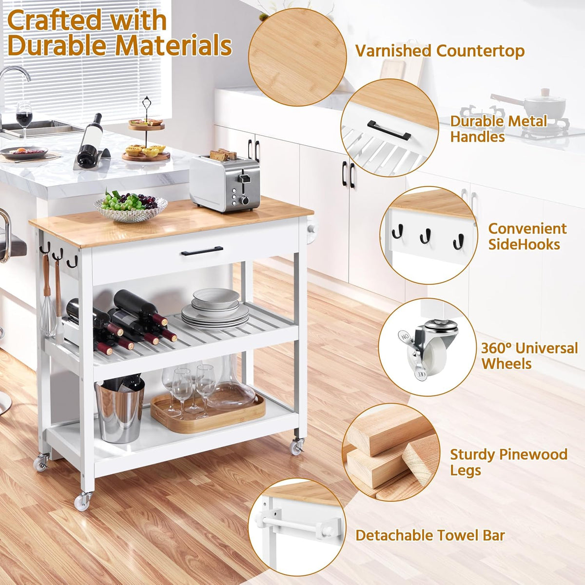 Yaheetech Rolling Kitchen Island Cart with 3 Shelves Lockable Wheels, White