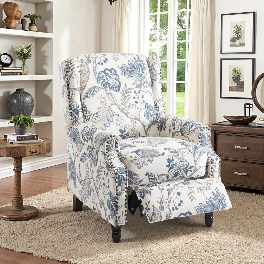 Wingback Floral Pushback Recliner Chair, Plants Beige, Set of 2