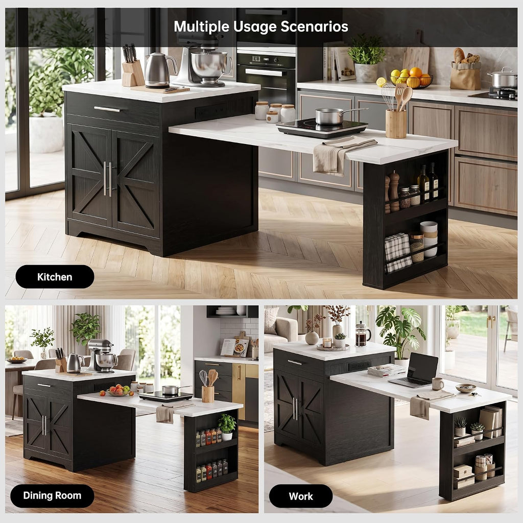 Black Kitchen Island with Extendable Dining Table, Kitchen Island Cart with Power Outlet, Storage Cabinet & Large Drawer, Faux Marble Top