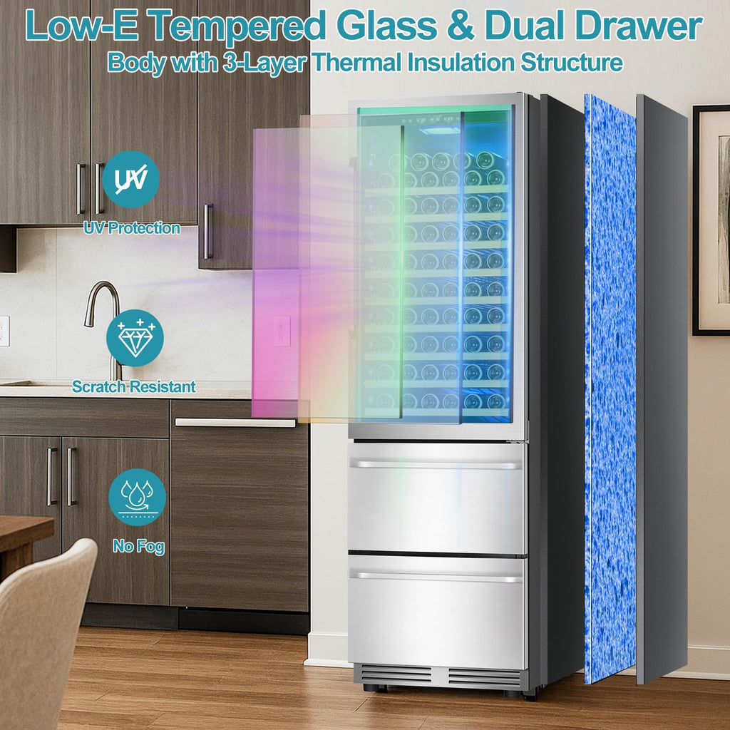Tylza Wine Fridge 15'', 30 Bottles Wine Cooler Refrigerator, Undercounter or Freestanding, Removable Shelves, 40-65Â°F, Wine Cabinet with Double Glass Door, Wine Cooler for Home, Kitchen, Bar
