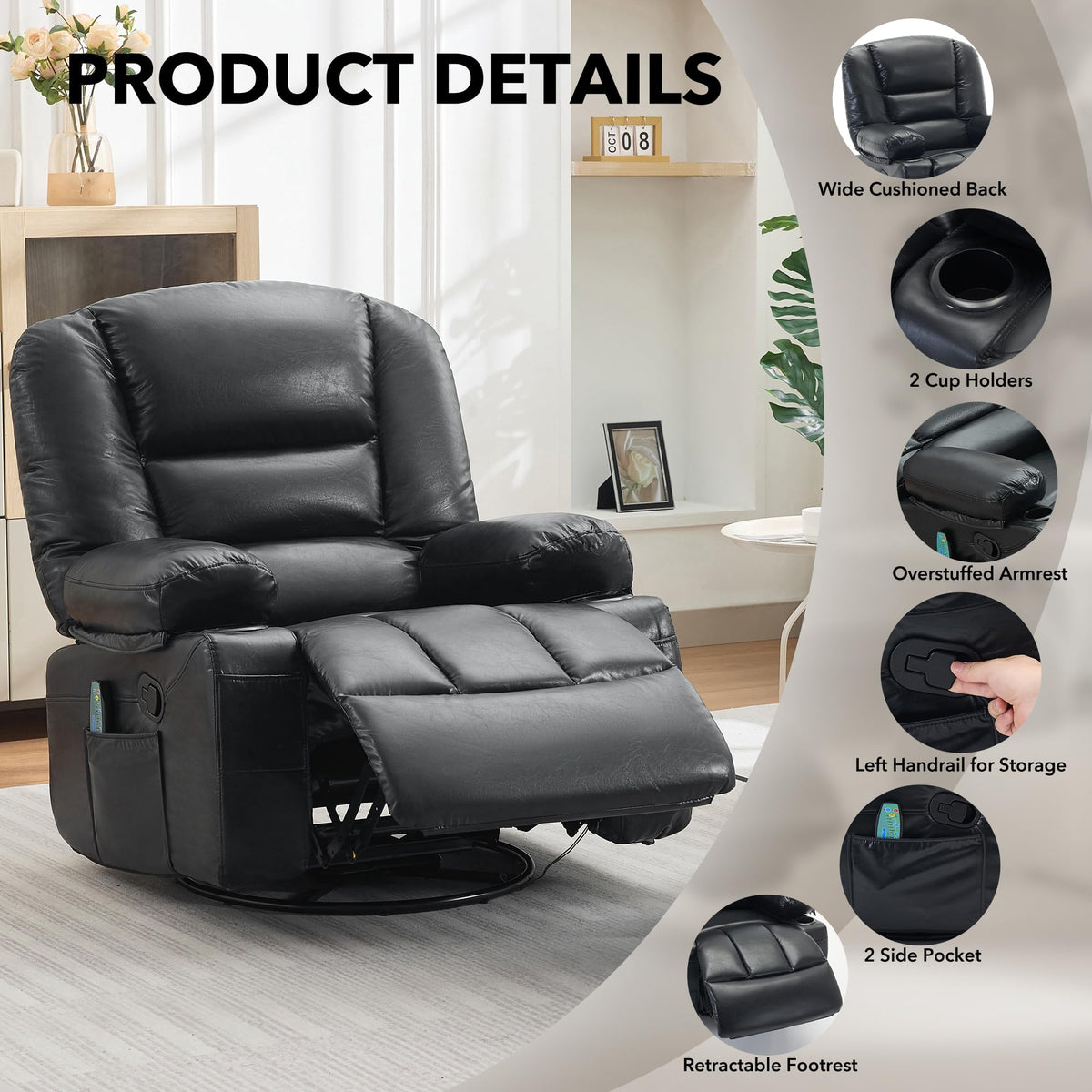 Garvee Oversized Recliner Chair,Extra Wide 360Â° Swivel Rocker Massage Heat