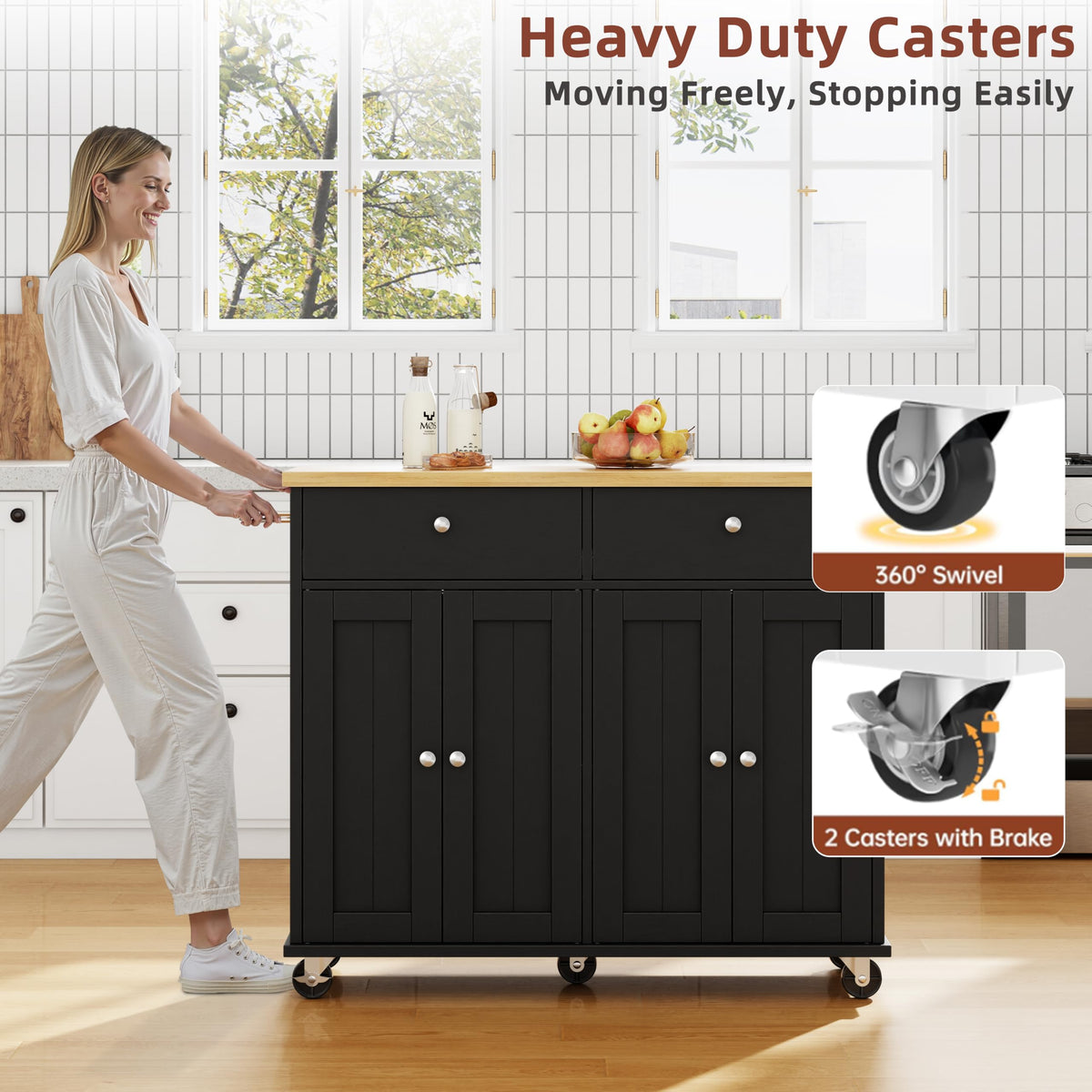 SUNLEI Kitchen Island with Storage, Kitchen Island on Wheels with Drop Leaf, Rolling Kitchen Island Cart with Cabinet and Drawers, Mobile Kitchen Storage Cart for Dining Room, White