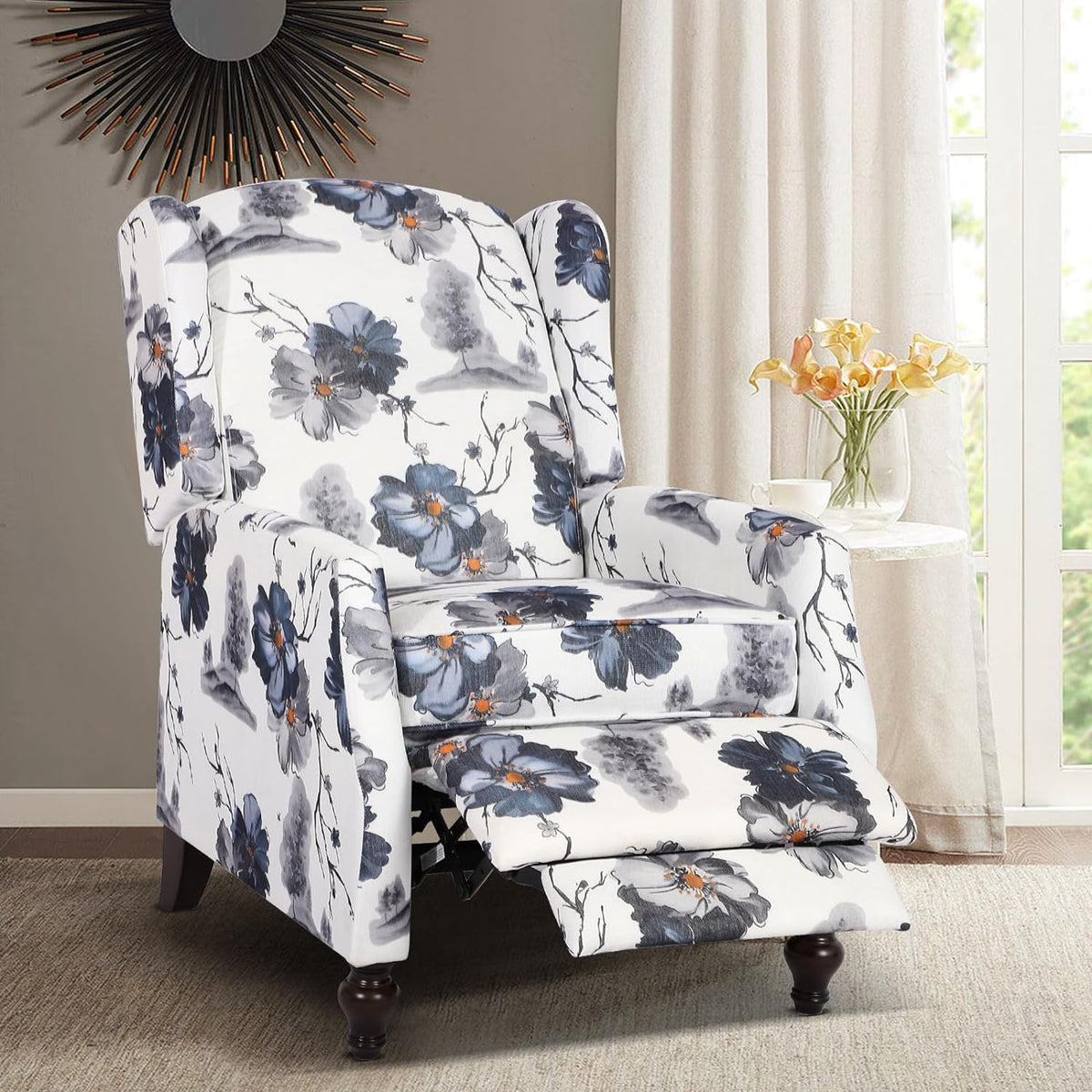 Wingback Recliner Chair - Tufted Arm Chair Recliner - Fabric Push Back Single Sofa for Living Room Adjustable Backrest (Blue Floral)