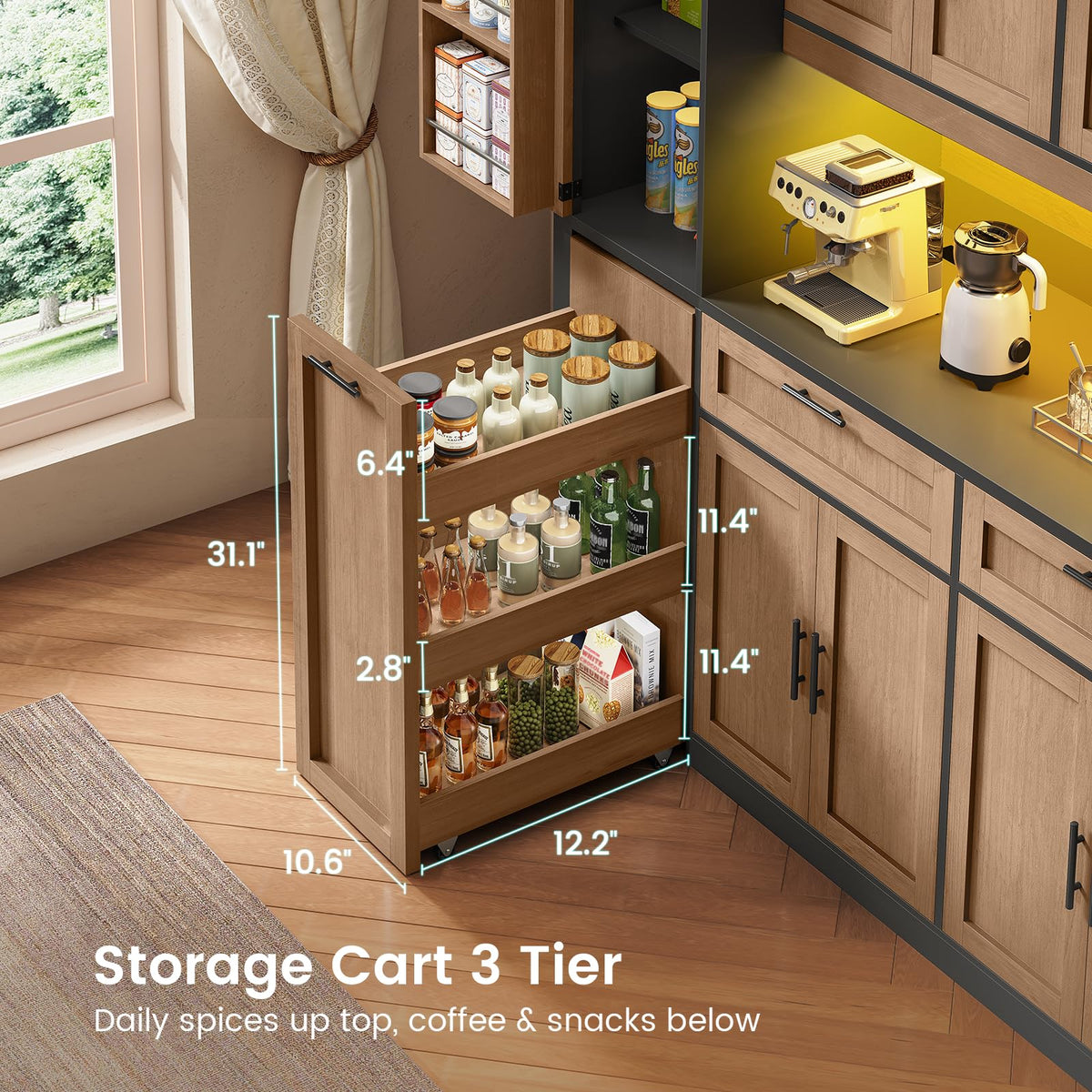 Itaar 71" Kitchen Pantry Cabinet with Charging Station and Led Light, Kitchen Storage Cabinets with Microwave Stand, 59" Wide Pantry Storage Cabinet with Storage Cart 3 Tier for Dining Room, White
