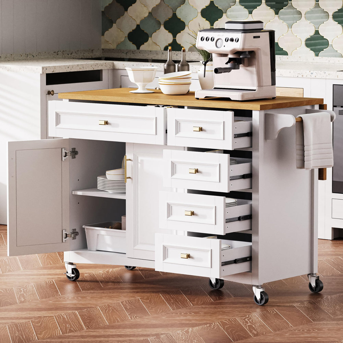 Merax 54" Large Kitchen Cart Island on Wheels with Drop Leaf,Adjustable Shelves,3 Drawers,Embossed Texture Design for Dining Room