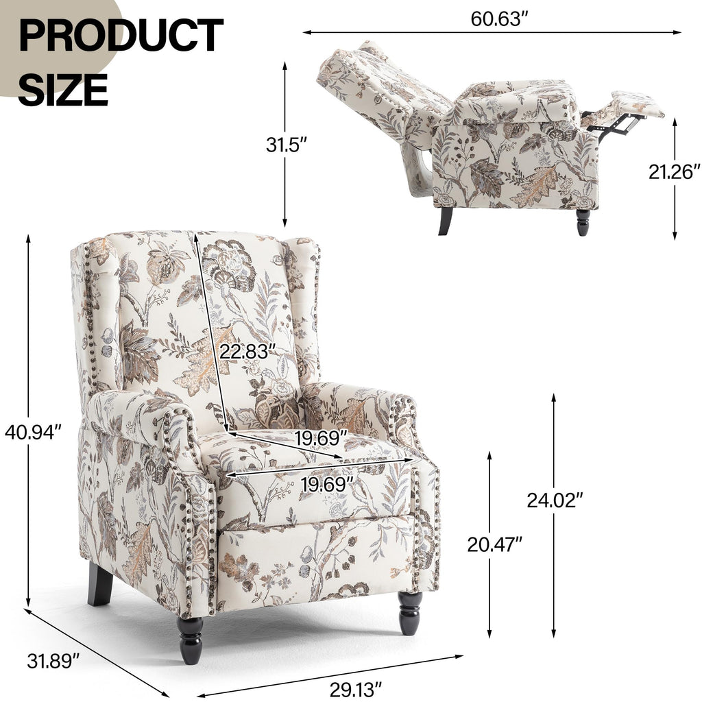 Wingback Floral Pushback Recliner Chair, Plants Beige, Set of 2