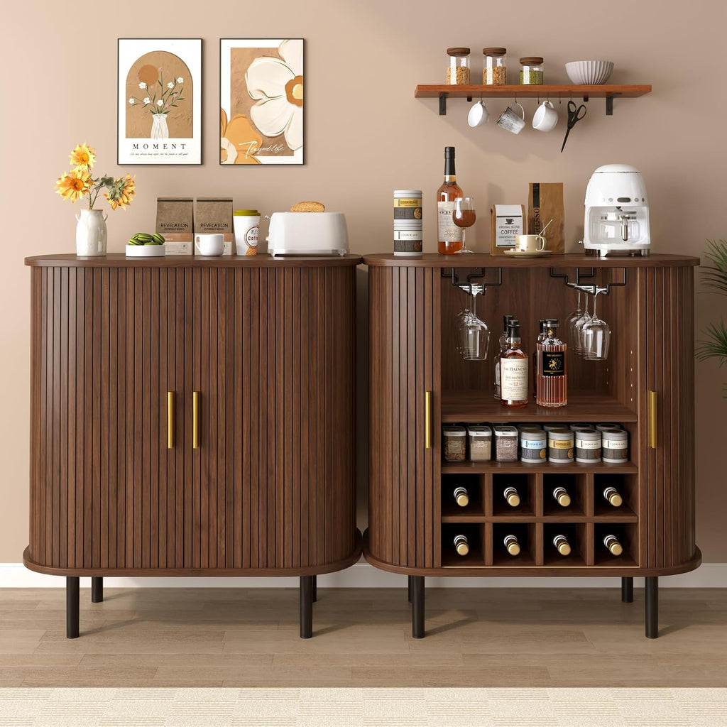 28" Fluted Wine Bar Cabinet with Storage, Modern Liquor Cabinets, Walnut