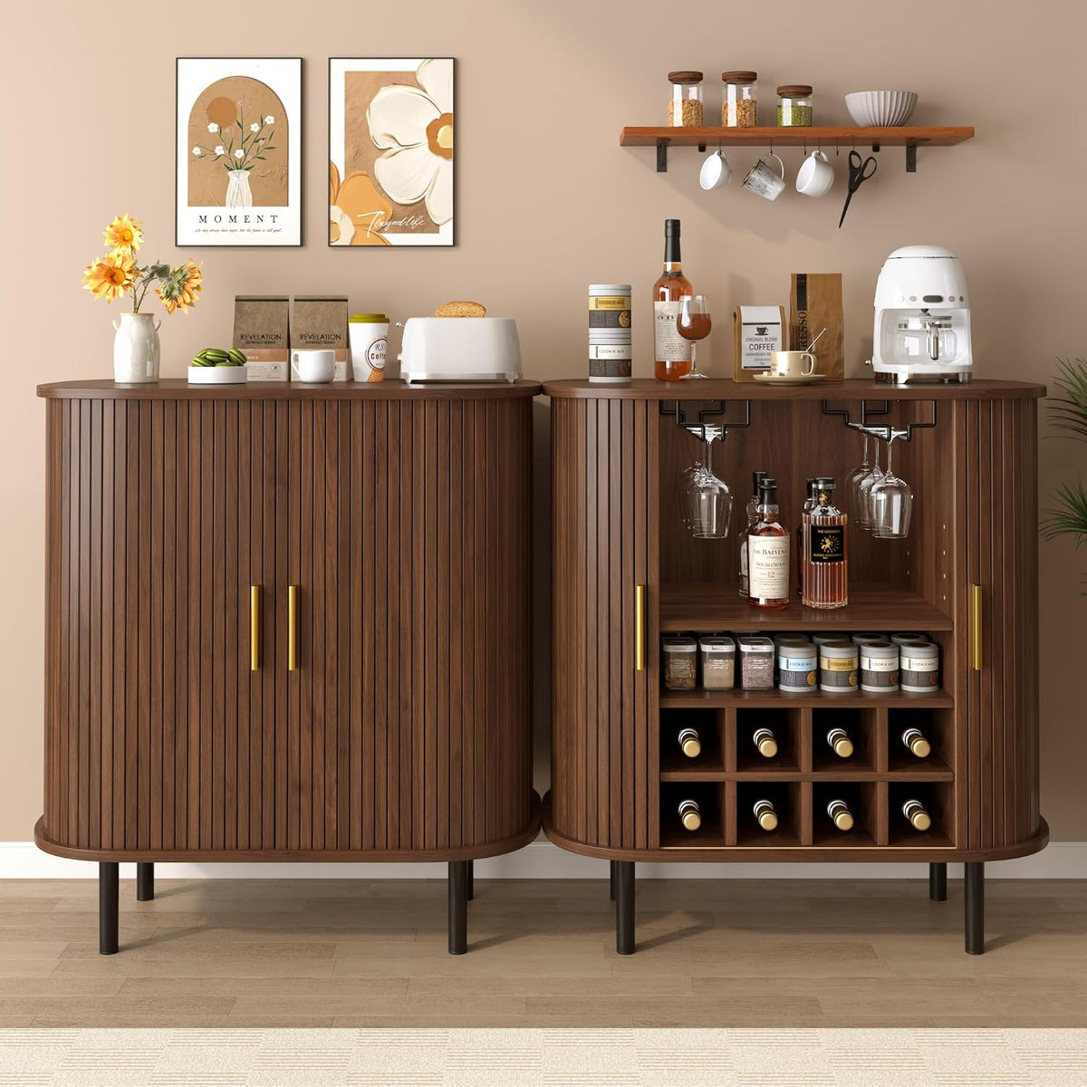 28" Fluted Wine Bar Cabinet with Storage, Modern Liquor Cabinets, Walnut