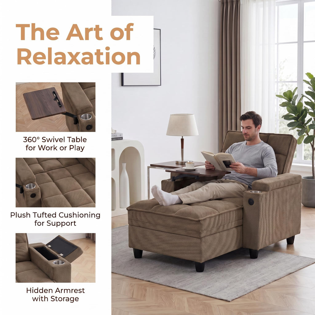 Convertible Sleeper Chair, Pull Out Sofa Bed with Adjustable Backrest & Hidden Storage Armrest, Single Sofa Recliner with USB Charging Port & Cup Holders for Living Room, Bedroom, Dark Gray