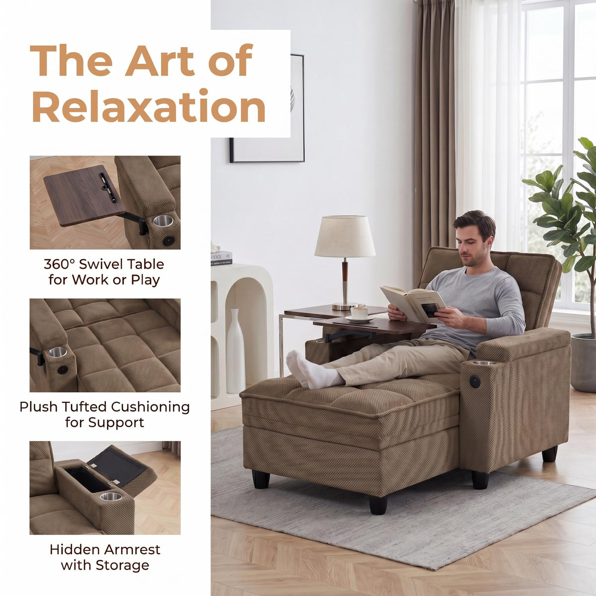 Convertible Sleeper Chair, Pull Out Sofa Bed with Adjustable Backrest & Hidden Storage Armrest, Single Sofa Recliner with USB Charging Port & Cup Holders for Living Room, Bedroom, Dark Gray