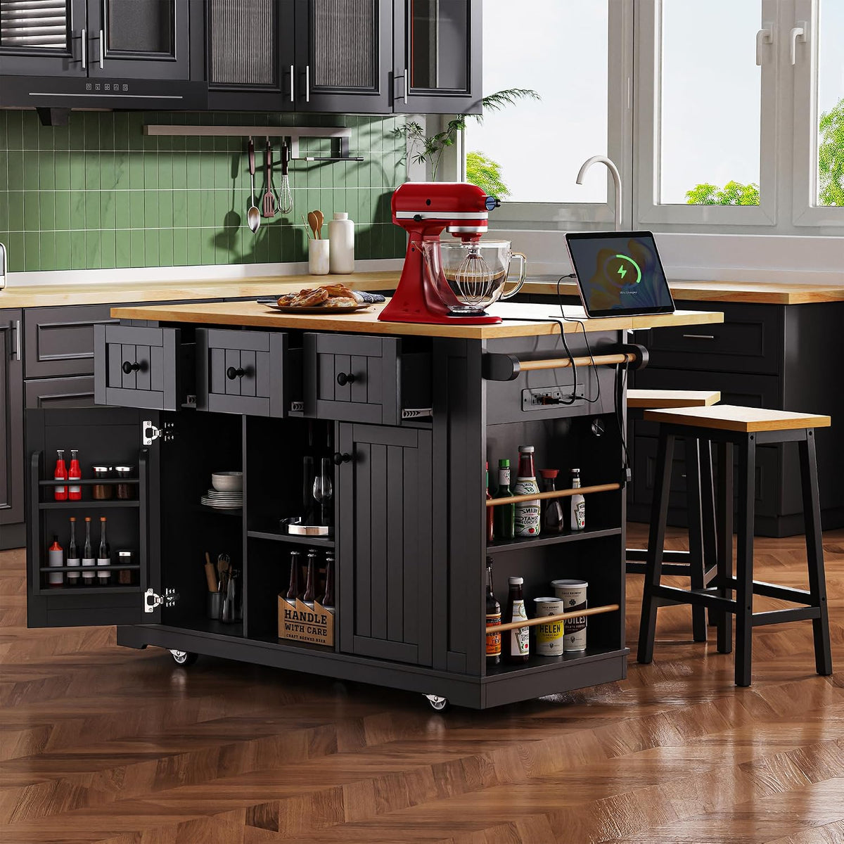53" Large Kitchen Island with Drop Leaf & Power Outlet, Rolling Kitchen Cart on 5 Wheels with Internal Door Storage Rack, 5 Open Side Racks, 3 Drawers, 2 Doors for Kitchen Dining Room