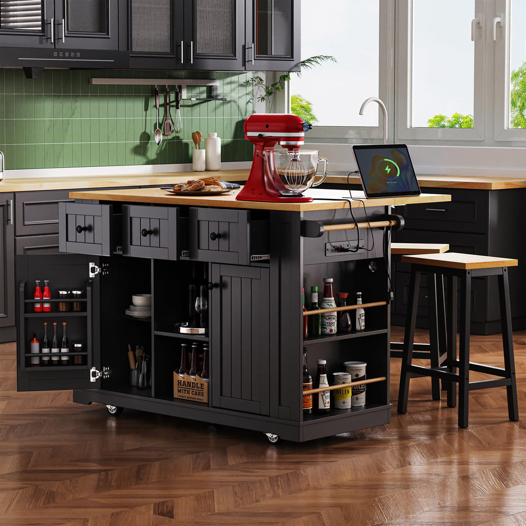 53" Large Kitchen Island with Drop Leaf & Power Outlet, Rolling Kitchen Cart on 5 Wheels with Internal Door Storage Rack, 5 Open Side Racks, 3 Drawers, 2 Doors for Kitchen Dining Room