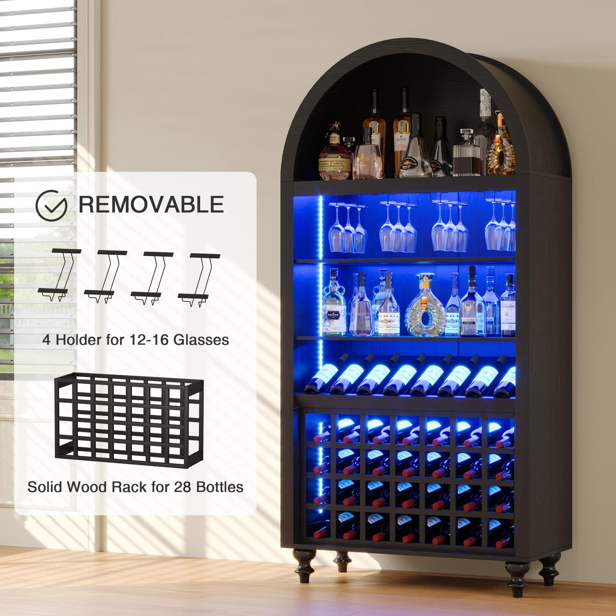 71" Tall Arched Wine Bar Cabinet with Wine Racks & Glass Holder, Wide Liquor Cabinets with LED Lights & Charing Ports, Kitchen Pantry Cupboard, Coffee Bar Storage Cabinet for Home, Dining Room (Oak)