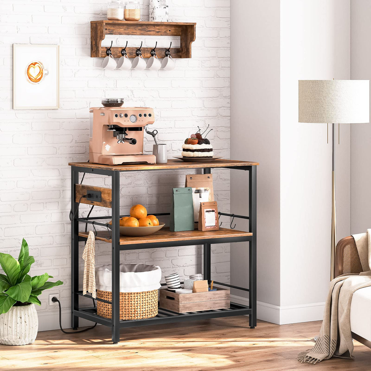 HOOBRO Kitchen Island with Storage, Kitchen Island Table with Power Outlet, 47.2" L 3 Tier Kitchen Counter and Microwave Stand, for Home, Kitchen and Dining Room, Rustic Brown and Black BF120UZD01