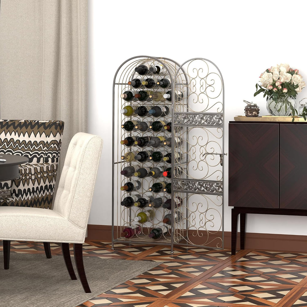 HOMCOM 45 Bottle Wrought Iron Wine Rack Jail with Lock Antique Bronze