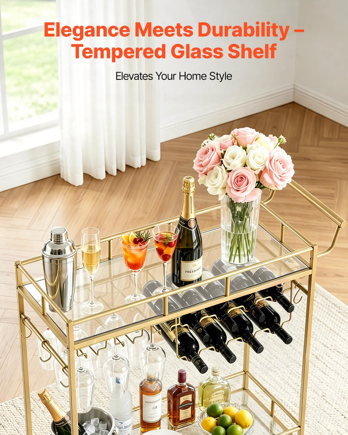 VEVOR Bar Cart, 3 Tiers Home Kitchen Serving Carts, Modern Rolling Utility Station on Wheels, Drink Beverage Trolley with Tempered Glass Shelves, Wine Rack, Glass Holder, for Living Dining Room, Gold