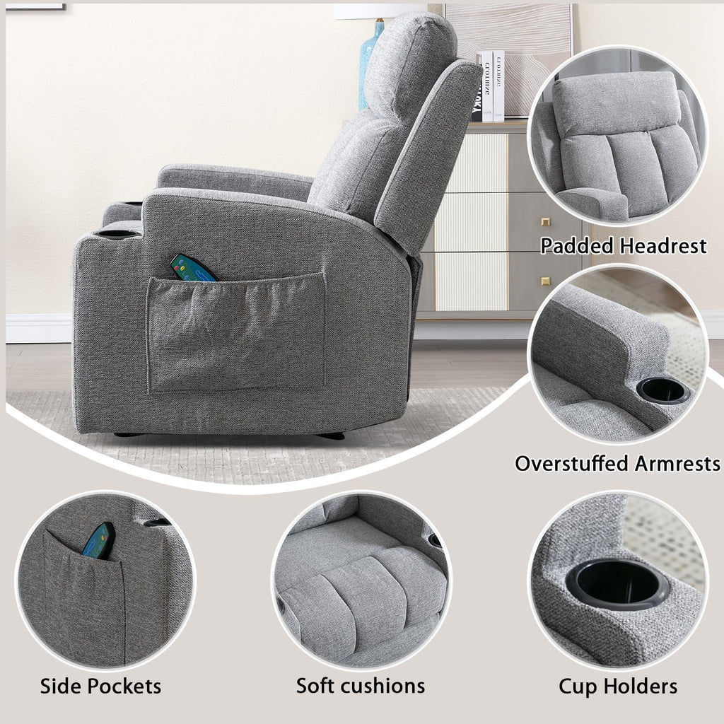 CANMOV Manual Recliner Chair with Massage and Heat, Soft Fabric Recliner Chair with Overstuffed Arm and Back, Manual Reclining Single Sofa with 2 Cup Holders, Side Pocket for Living Room, Dark Grey