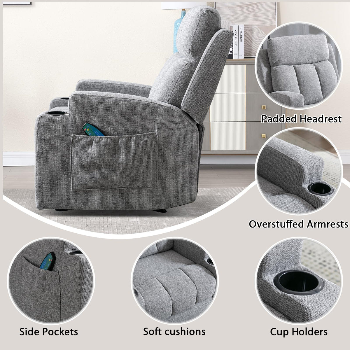 CANMOV Manual Recliner Chair with Massage and Heat, Soft Fabric Recliner Chair with Overstuffed Arm and Back, Manual Reclining Single Sofa with 2 Cup Holders, Side Pocket for Living Room, Dark Grey