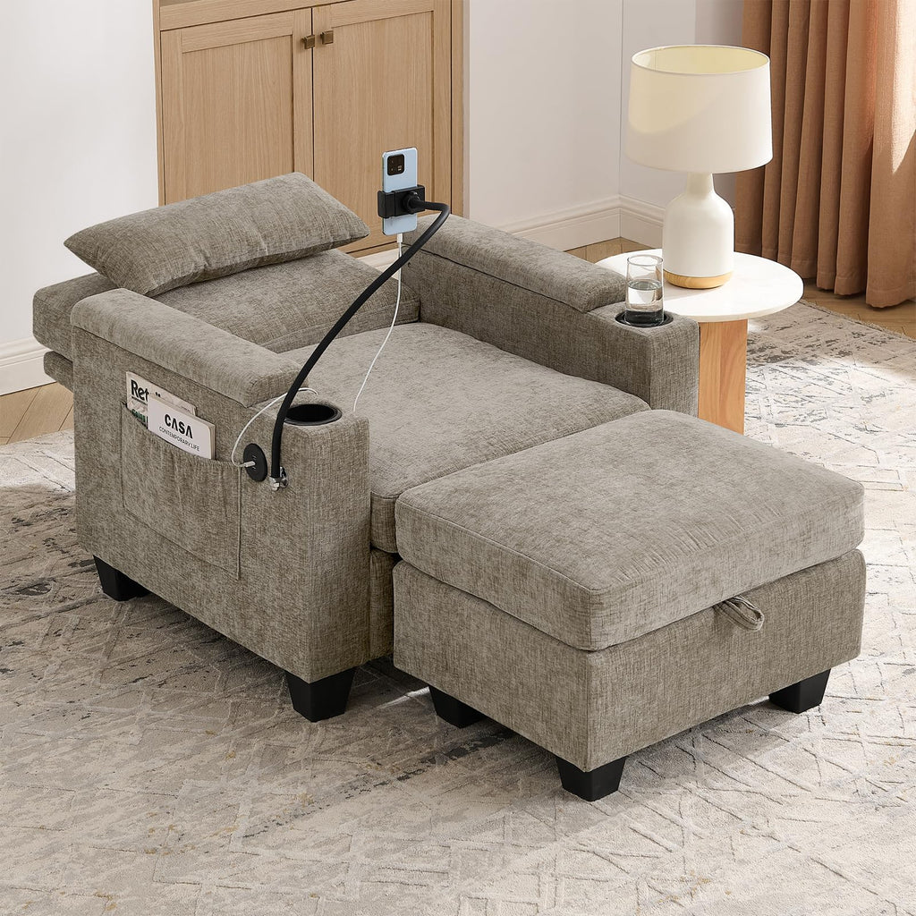 Oversized Chaise Lounge Chair Indoor, Single Convertible Recliner Reading Arm Sofa Chair W/Adjustable Backrest & Charging Port Couch Bed for Living Room, Home Theater & Bedroom, Brown