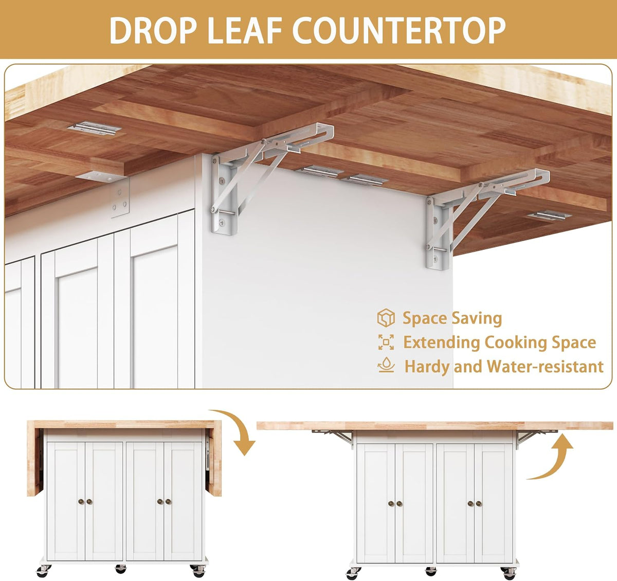 62.8" Rolling Kitchen Island with Double Drop Leaf Rubberwood Countertop, Mobile Kitchen Cart with Storage Cabinet & Lockable Wheels, Space-Saving Foldable Kitchen Prep Station for Dining Room, White